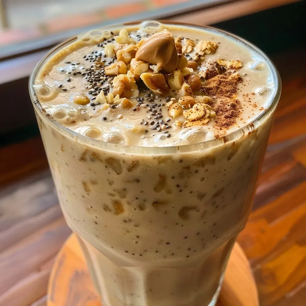 Side perspective of a vibrant Apple Peanut Butter Oatmeal Smoothie, showcasing its thick texture and layered ingredients.
