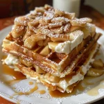Close-up of Apple Pie Cheesecake Stuffed Waffles drizzled with salted caramel.