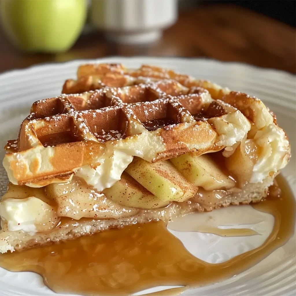 Side view of golden-brown waffles filled with apple cheesecake and topped with caramel.