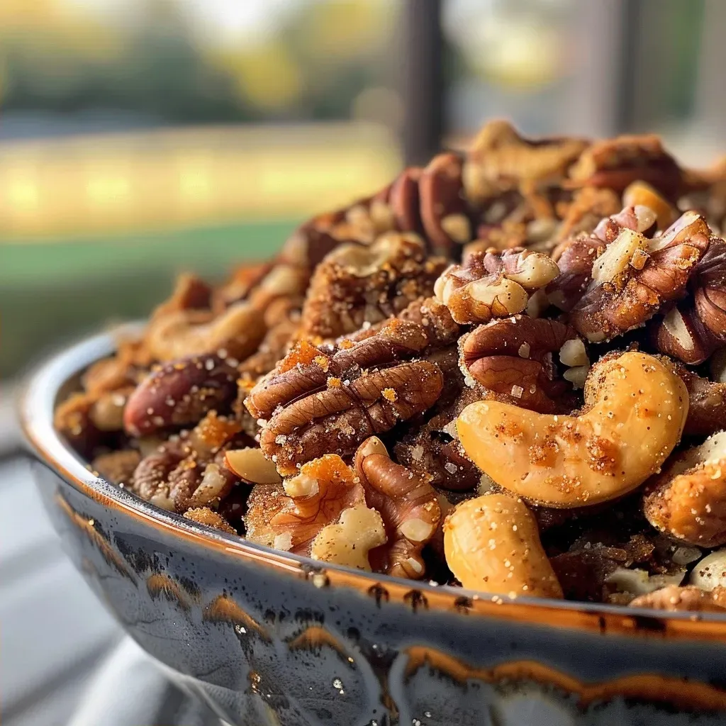 Side view of glistening mixed nuts coated in apple spice glaze.