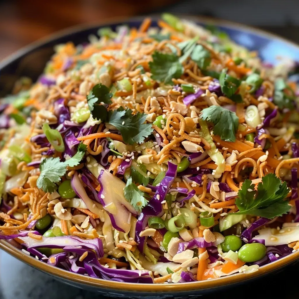 Fresh Asian slaw featuring shredded cabbage, carrots, and green onions in a bowl.