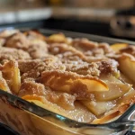 Close-up view of a golden brown Autumn Spice Pear Cobbler with visible pear chunks.