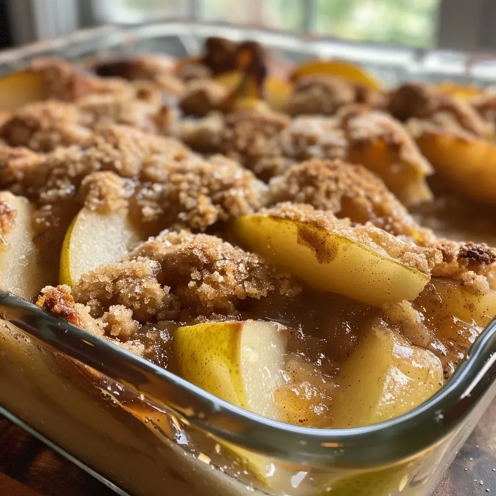 Deliciously baked pear cobbler topped with a crumbly, spiced crust on a white plate.