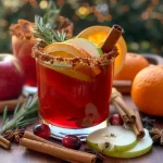 A close-up view of an Autumn Spiced Mocktail in a glass, garnished with orange slices and a cinnamon stick.