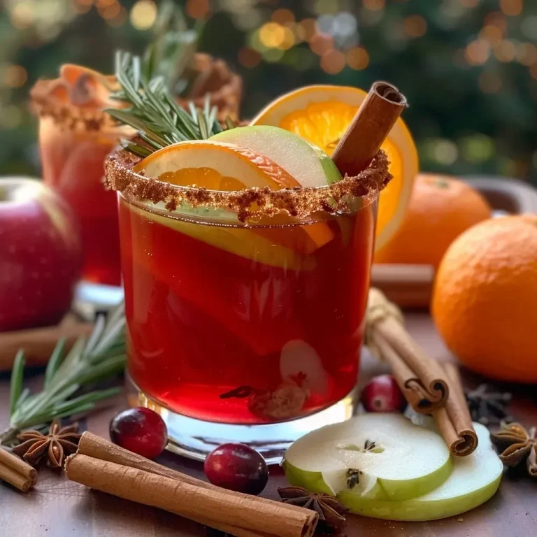 A close-up view of an Autumn Spiced Mocktail in a glass, garnished with orange slices and a cinnamon stick.