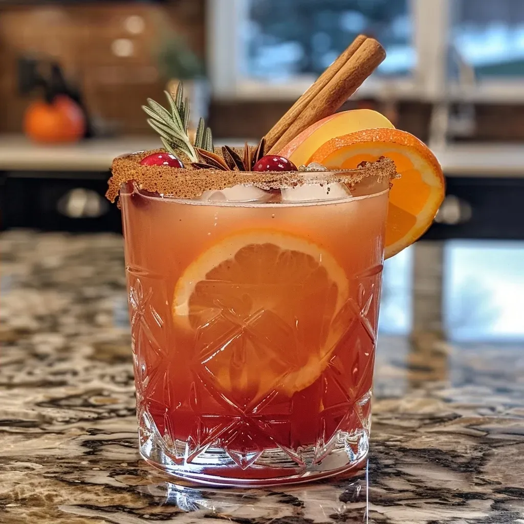Side view of a refreshing mocktail featuring cranberry and orange juice, with apple slices and spices.