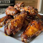 Close-up of juicy baked chicken wings with a bloody dipping sauce.