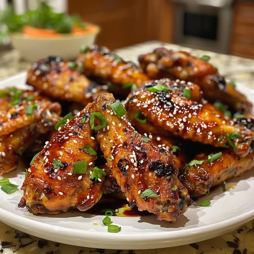 Golden-brown baked chicken wings served with a dark red dipping sauce.