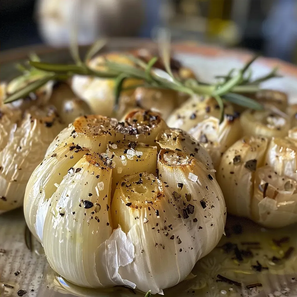 Side profile of succulent roasted garlic cloves, glistening with seasoning.