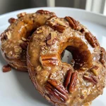 Close-up of baked maple pecan donuts showcasing their golden brown color and textured surface.