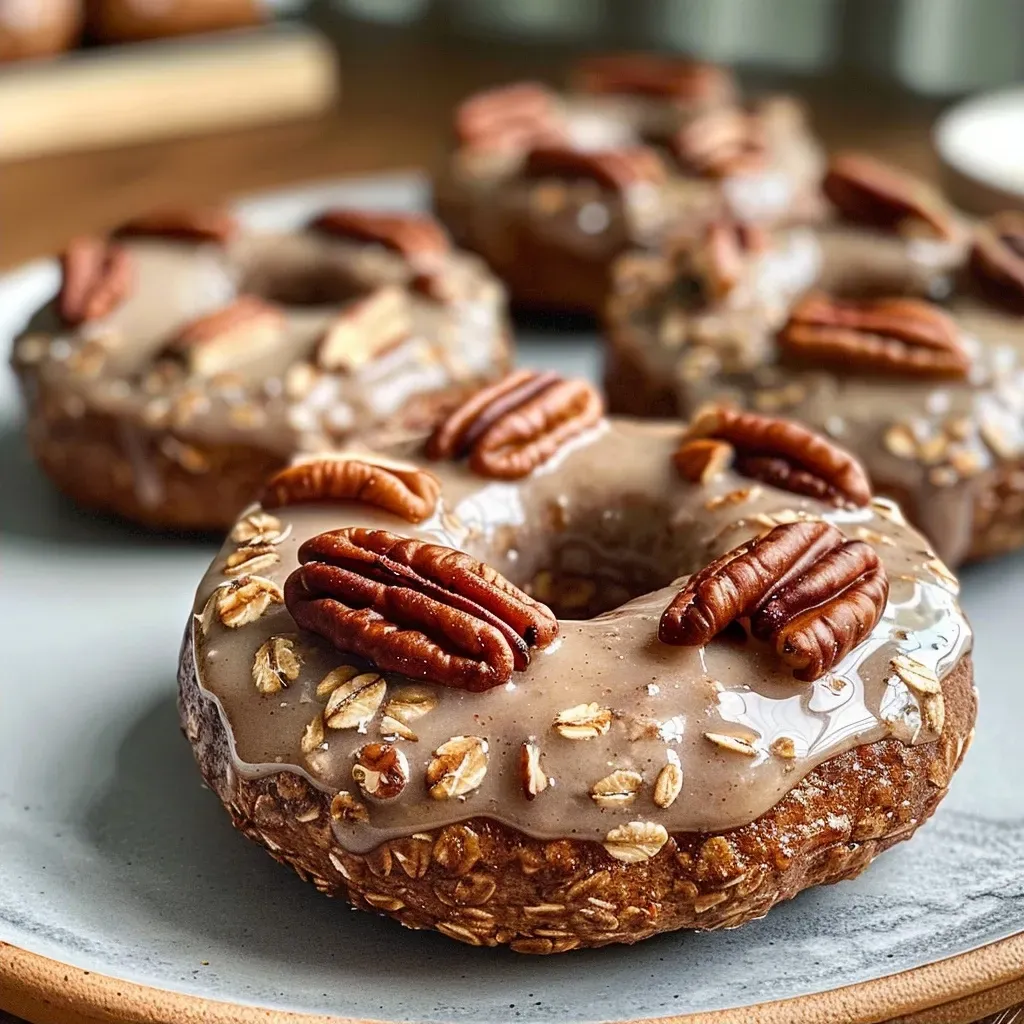 Side view of a stack of baked maple pecan donuts, highlighting their moist and fluffy texture.