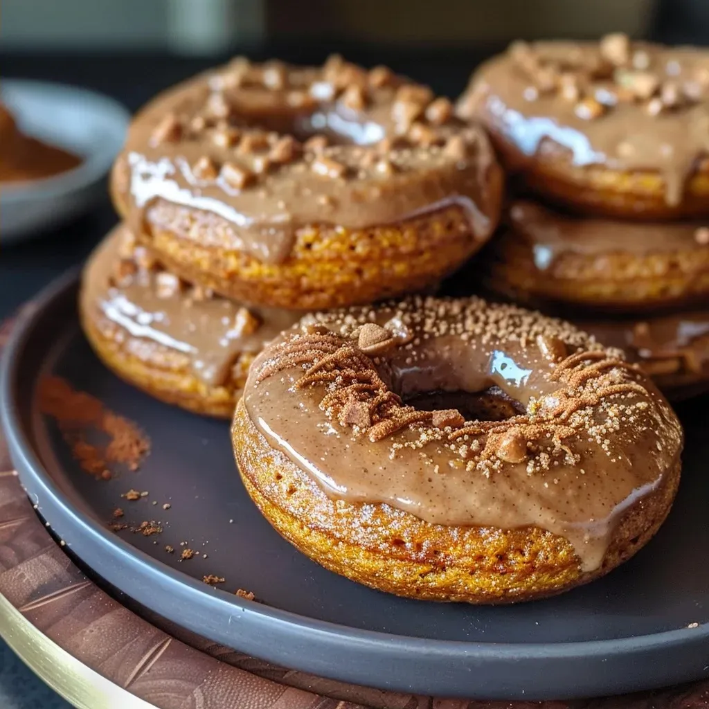Side view of multiple delicious baked pumpkin protein donuts stacked on a plate.