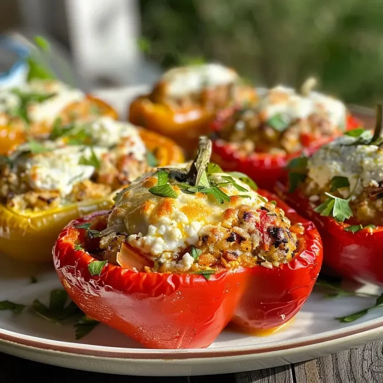A close-up side view of juicy Balkan stuffed peppers filled with cheese.
