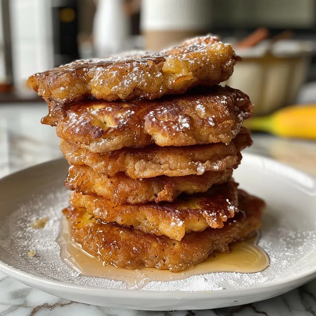 Side view of crispy banana fritters topped with powdered sugar and caramel sauce.