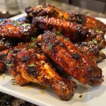 Juicy chicken wings coated in a glossy black sauce with a side view.