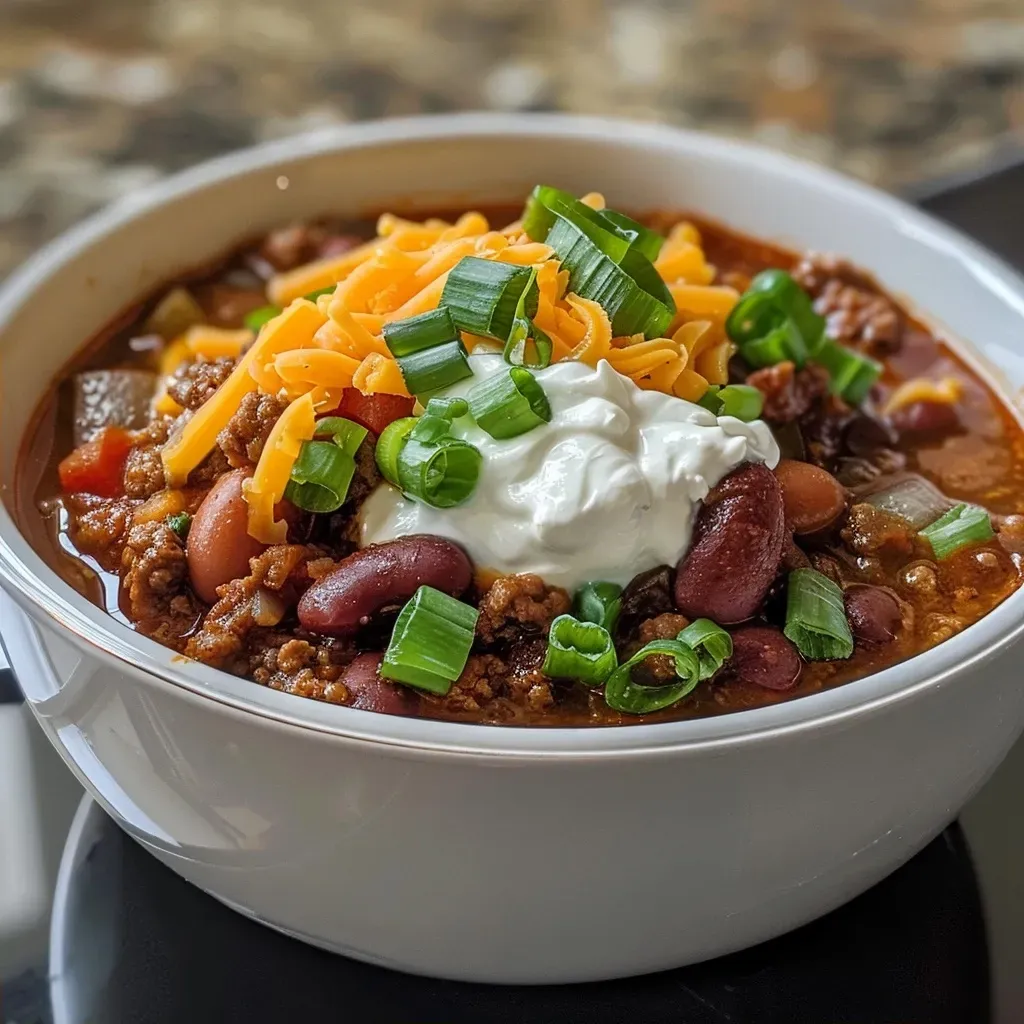 Juicy Beef & Ale Chili served in a bowl, garnished with green scallions and a dollop of sour cream.