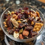 Close-up view of a colorful Beef Jerky Snack Mix in a bowl featuring nuts, seeds, and cheese crisps.