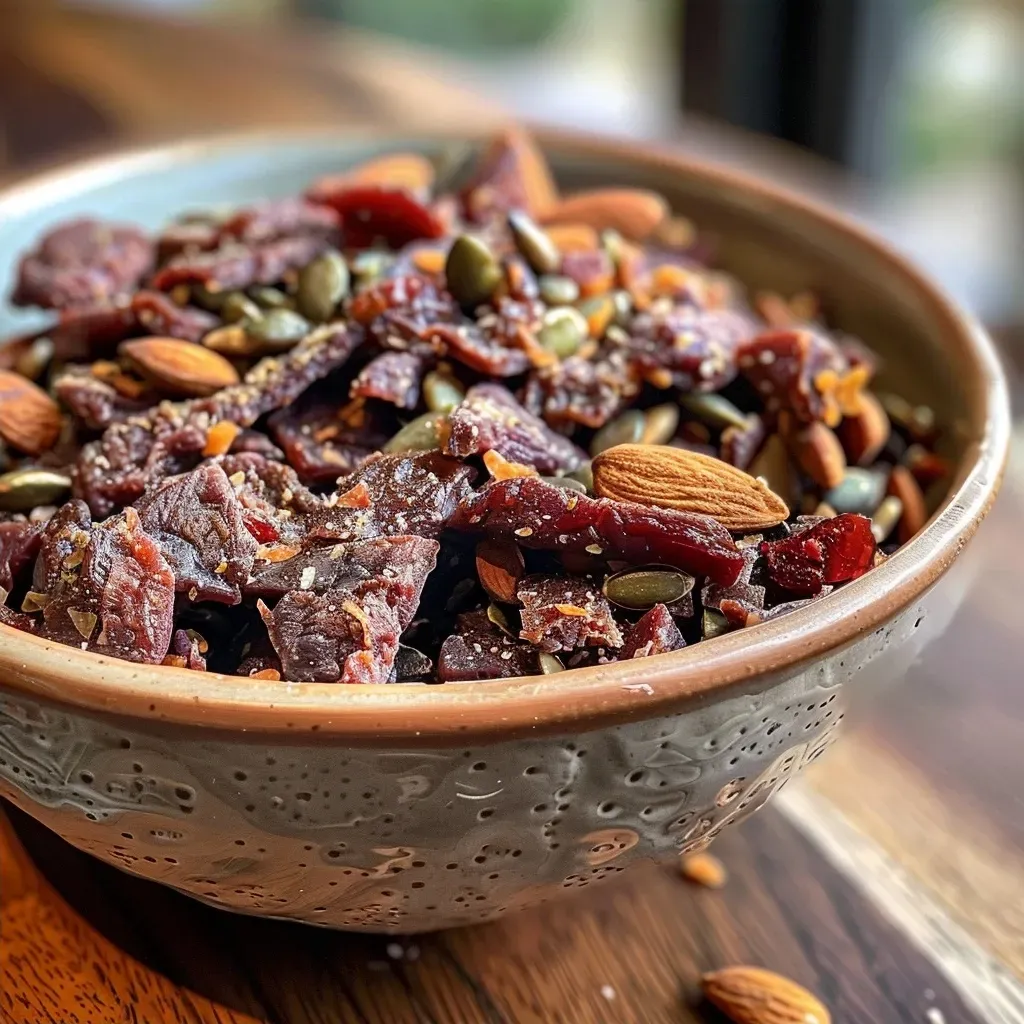 A side view of a Beef Jerky Snack Mix displaying various ingredients like beef jerky, nuts, and dried cranberries.