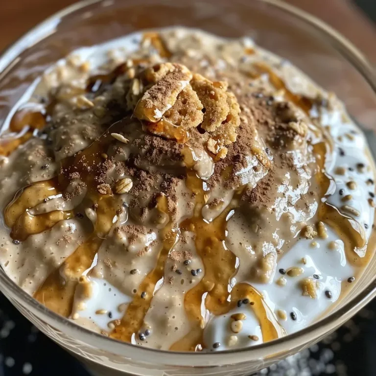 Close-up side view of creamy Biscoff Overnight Oats topped with crushed cookies.