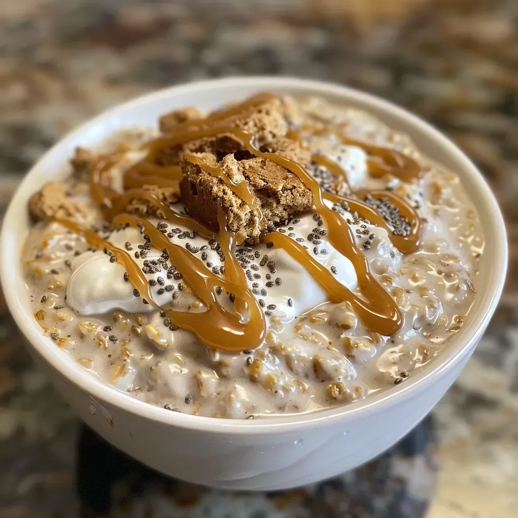 A detailed view of Biscoff Overnight Oats in a glass jar, showcasing layers of oats and Biscoff spread.