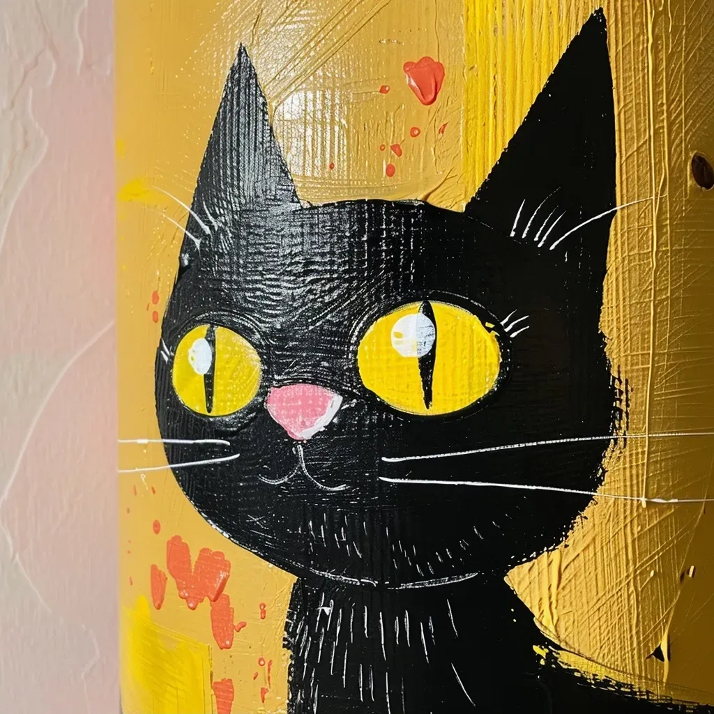 Side view of a paper towel roll transformed into a black cat, with vibrant acrylic paint and decorative details.