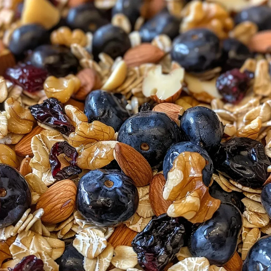 Side view of a colorful mix featuring blueberries, walnuts, and oats.