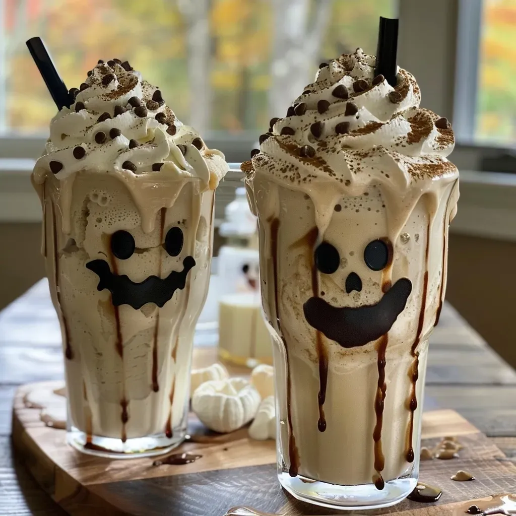 Side view of a creamy Boo-nilla Ghost Milkshake topped with whipped cream and a straw.