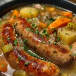 Close-up view of a hearty bowl of bratwurst soup with visible chunks of sausage and vegetables.