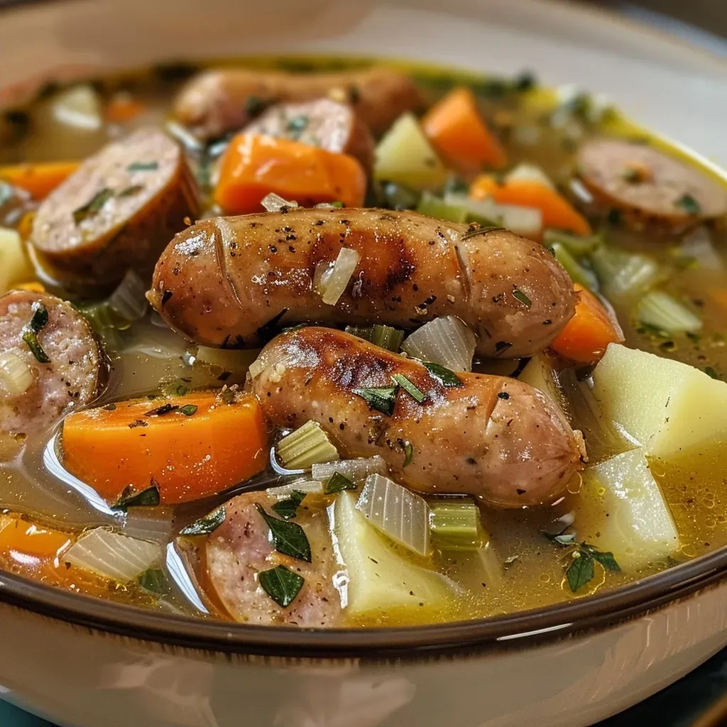 Side view of steaming bratwurst soup in a bowl, showcasing its rich color and textures.