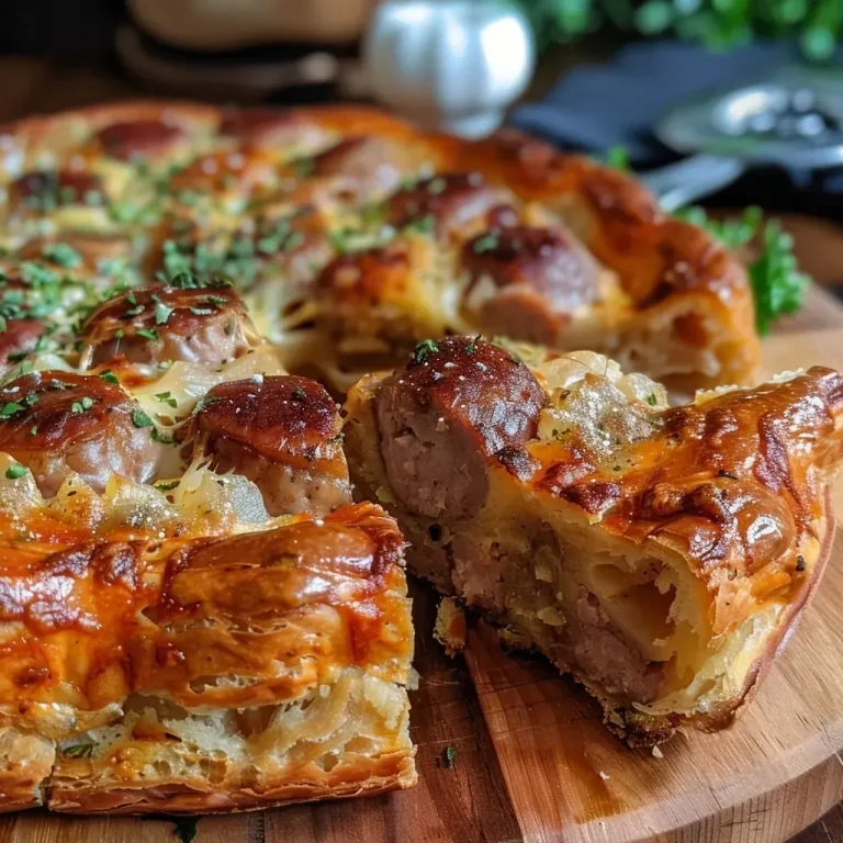 Elevate Your Weeknight Dinner with a Savory Bratwurst Torte A close-up side view of a juicy Bratwurst Torte with a golden mustard crust.