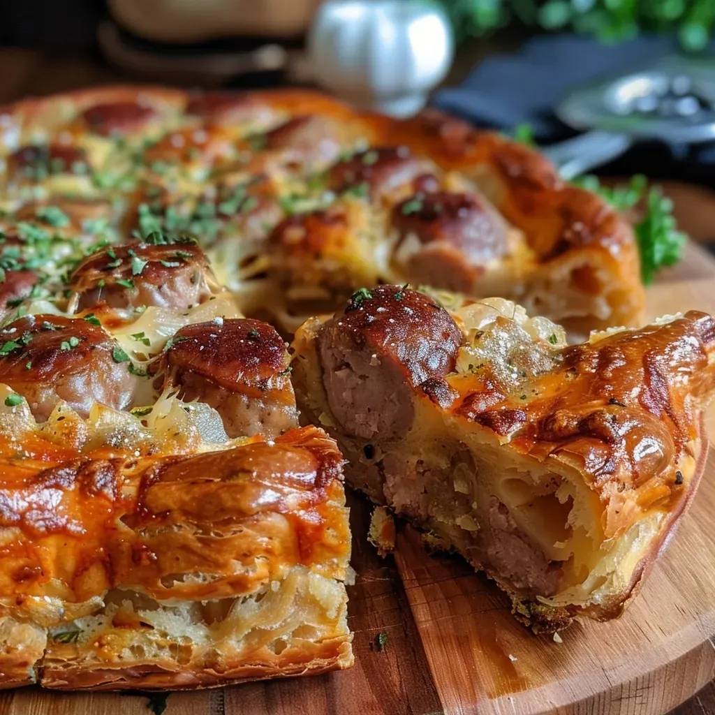 A close-up side view of a juicy Bratwurst Torte with a golden mustard crust.
