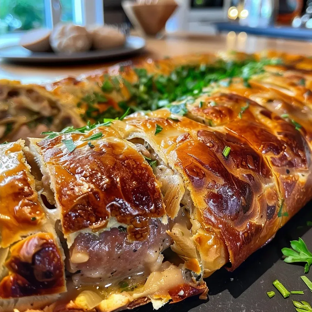 Detailed image showing a savory Bratwurst Torte, highlighting its crispy crust and filling.