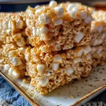 Brown Butter Rice Krispie Squares with rosemary on a wooden surface.