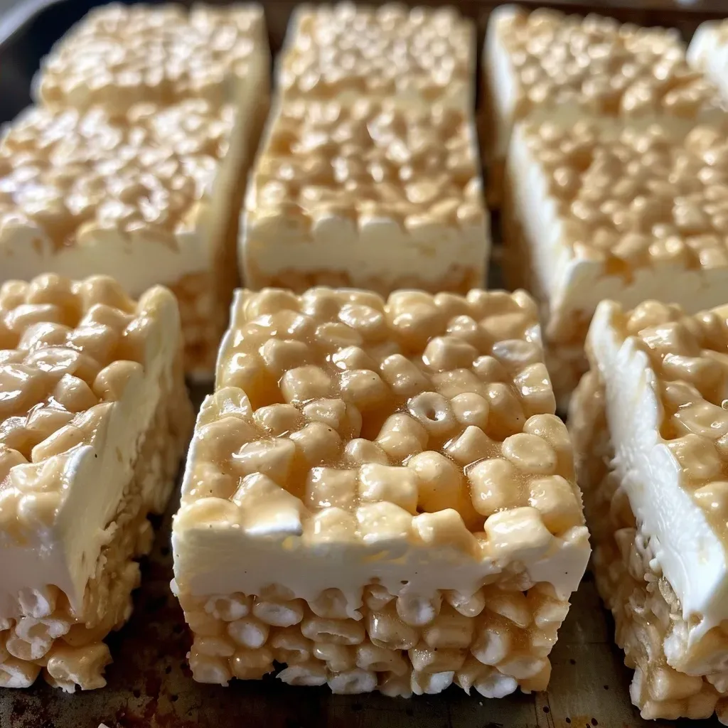Close-up of golden-brown Rice Krispie treats garnished with rosemary.