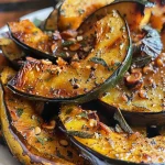 Close-up of roasted acorn squash wedges drizzled with browned butter and garnished with sage.