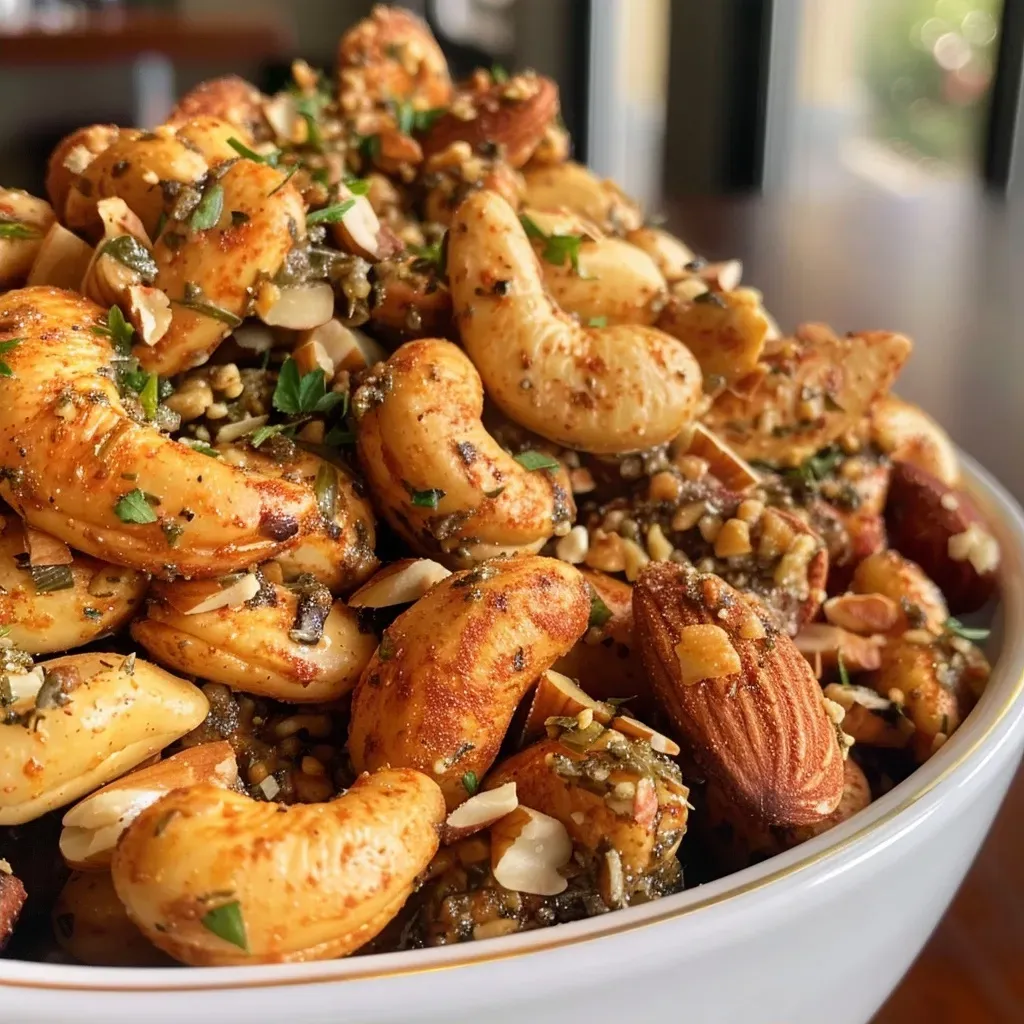 Side view of roasted nuts glistening with a Buffalo ranch sauce.