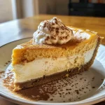 Side view of a creamy Butternut Cheesecake with a rich texture, garnished with a dollop of whipped cream.