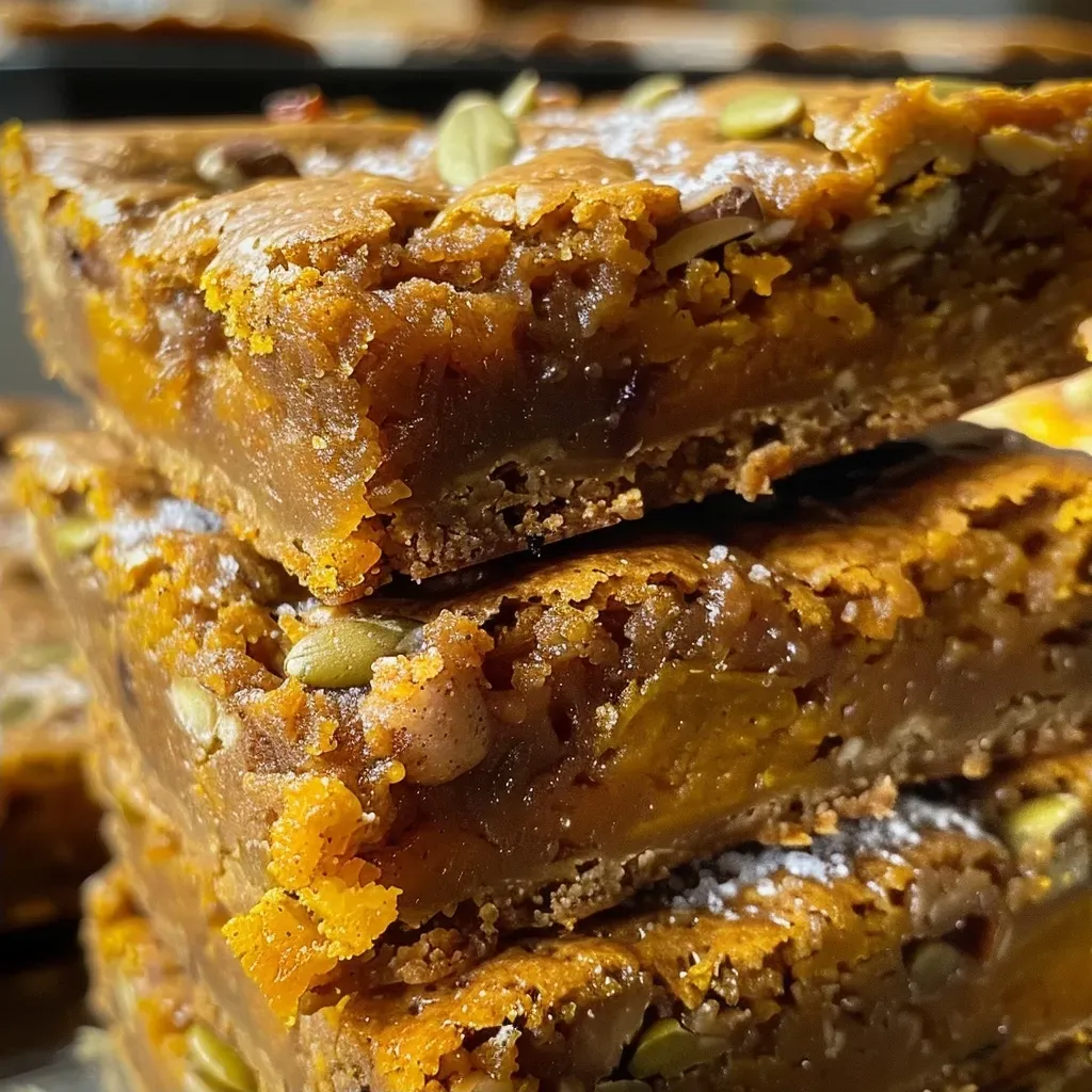 A side view of freshly baked butternut squash blondies, with dried cranberries and pumpkin seeds visible on top.