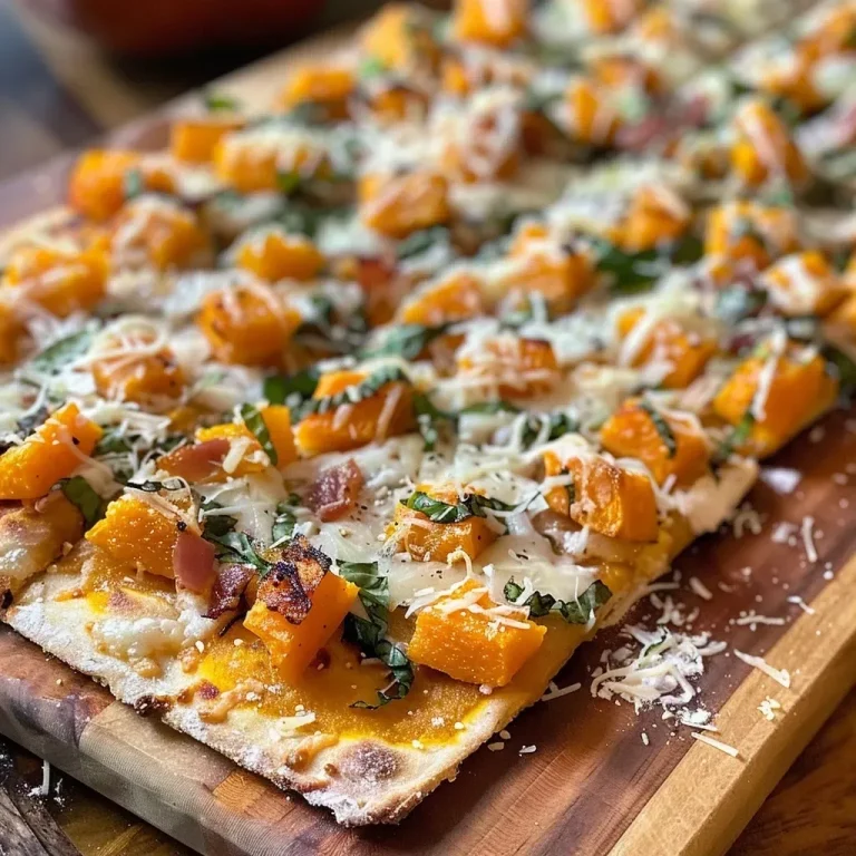 A close-up of butternut squash flatbread topped with kale and pancetta.