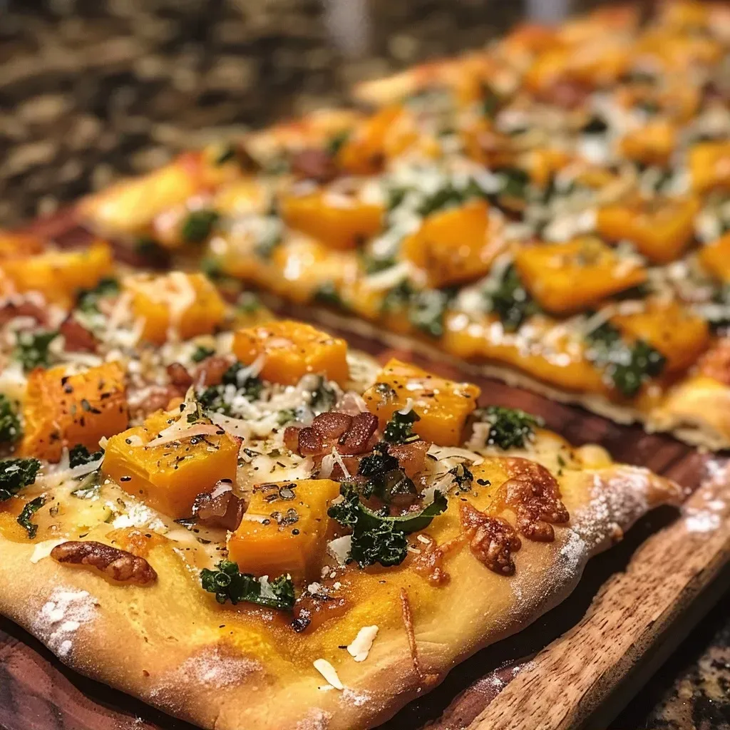 Side view of a delicious flatbread featuring roasted butternut squash and mozzarella.