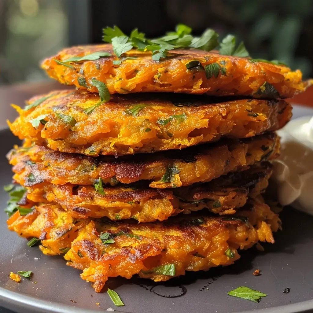 Side photo of crispy Butternut Squash Fritters garnished with fresh herbs.