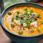 Creamy butternut squash soup in a bowl with a smooth texture and garnished with herbs.