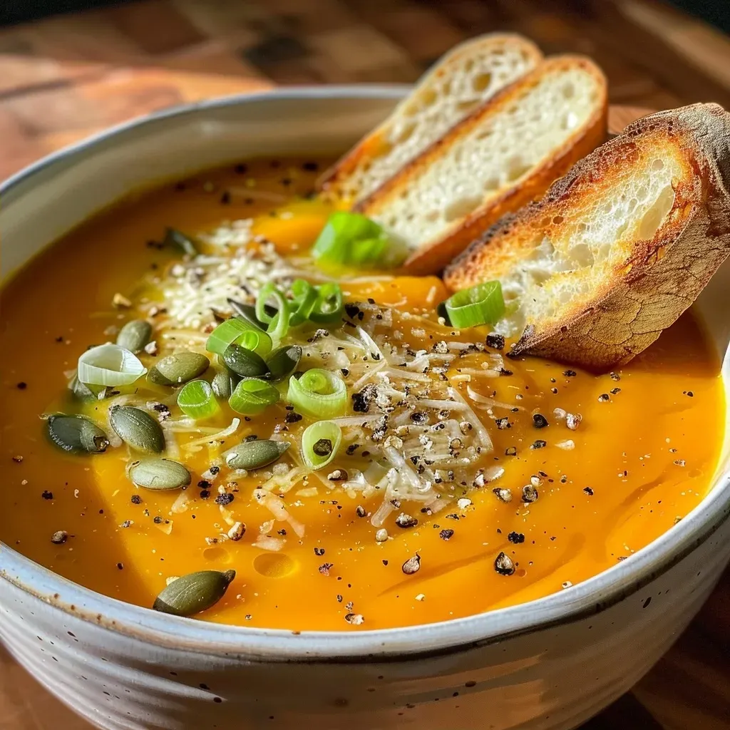 Side view of a bowl filled with vibrant orange butternut squash soup, showcasing its creamy consistency.