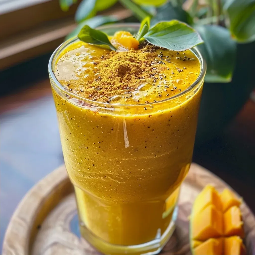 Side view of a creamy orange smoothie with turmeric and ingredients visible.