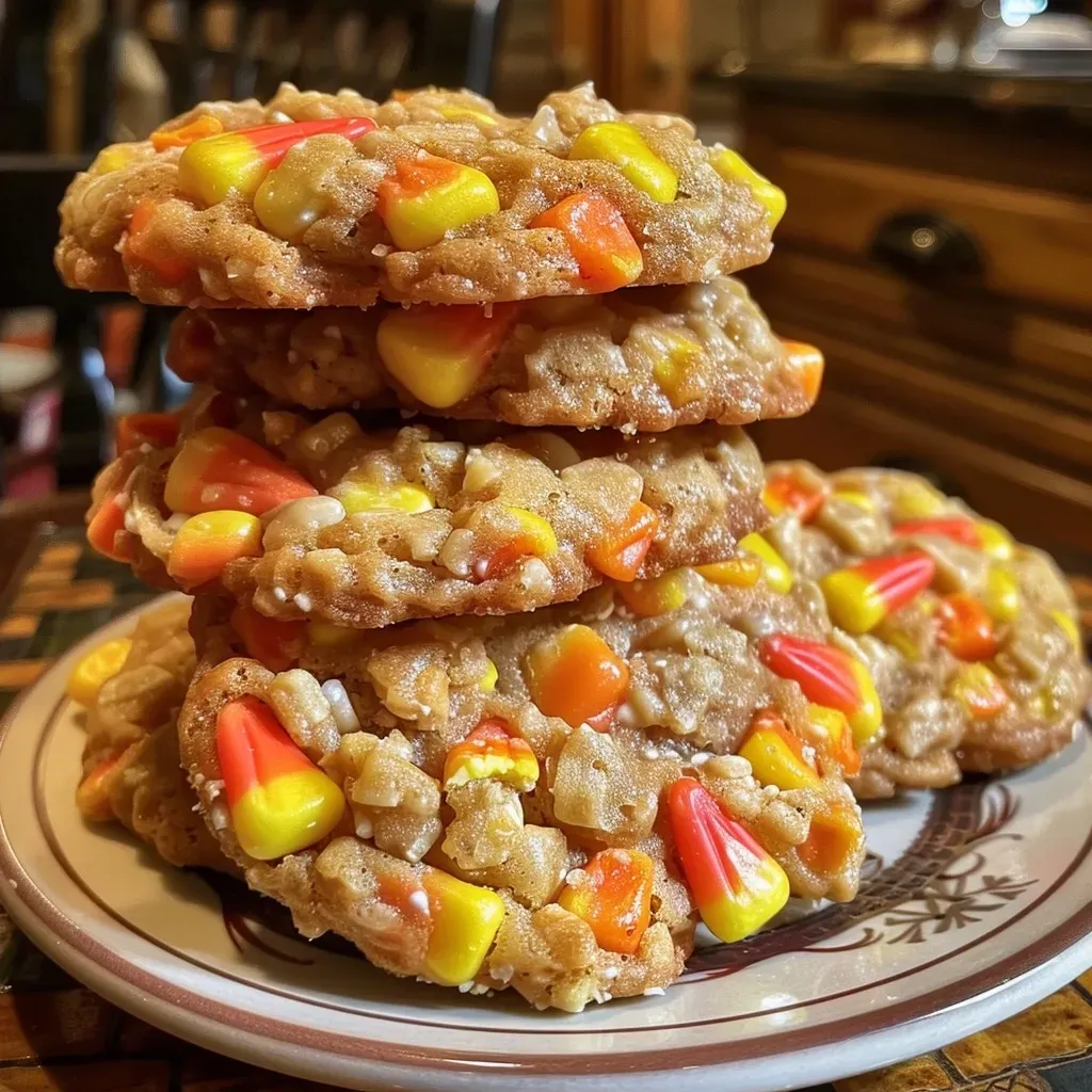 Side view of freshly baked Candy Corn Crunch Cookies with bits of candy corn visible.
