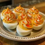 A close-up side view of colorful Candy Corn Deviled Eggs displayed on a plate.