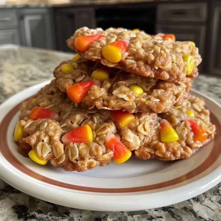 Sweet Harvest Treats: Delightful Candy Corn Oatmeal Cookies Close-up of a stack of Candy Corn Oatmeal Cookies with visible candy corn pieces.