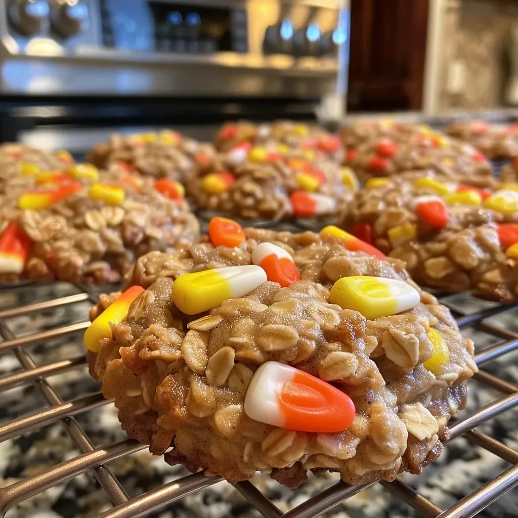 Side view of chewy Candy Corn Oatmeal Cookies showcasing their texture and colorful candy corn.