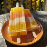 Close-up of colorful Candy Corn Popsicles with a creamy texture.