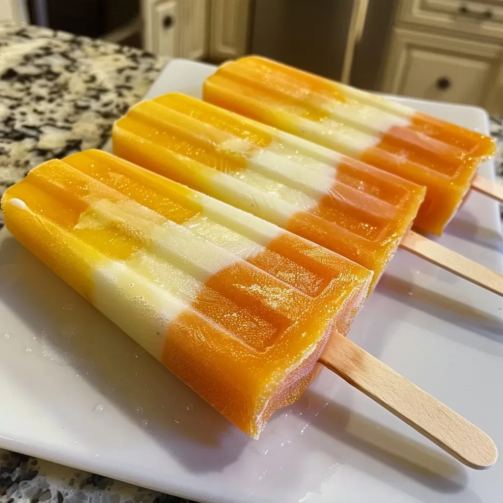 Side view of vibrant Candy Corn Popsicles, showcasing their layered colors.